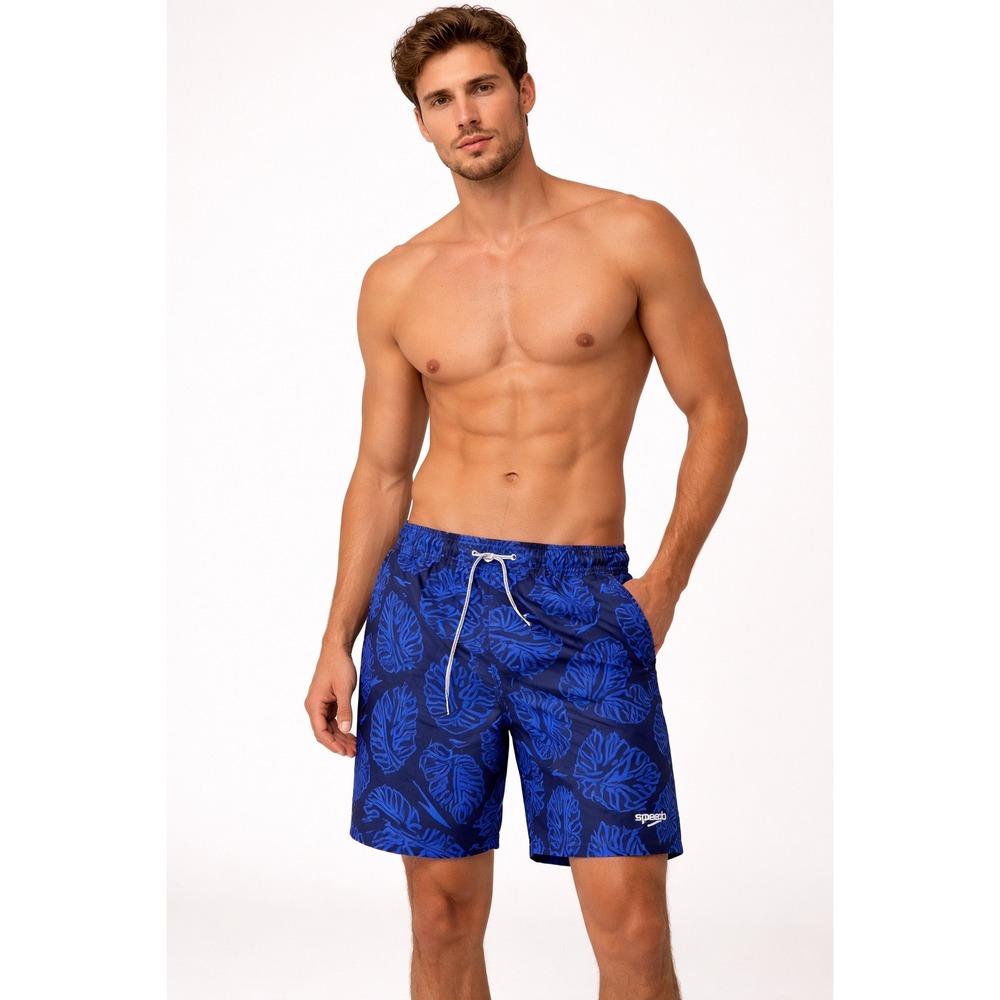 Speedo Mens Navy Blue Monstera Leaf Print Swim Trunks Mesh Lining Size Medium